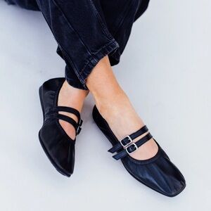 Free People Black Leather ‘Gemini’ Double Strap Mary Jane Ballet Flats, Size 9.5